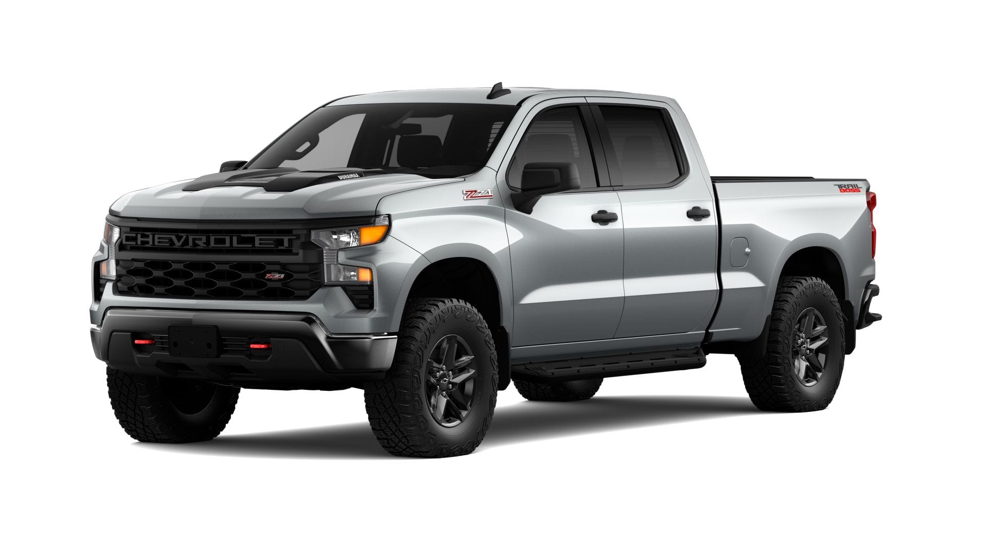 2026 Chevrolet Silverado 1500 Custom Trail Boss in Sterling Gray Metallic — front three-quarter view